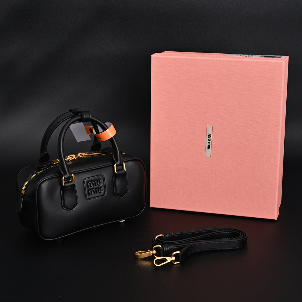 Miu Miu Black Matelassé Leather Satchel Bag – Mini Top Handle - Black with Gold-Tone Accents — view 1