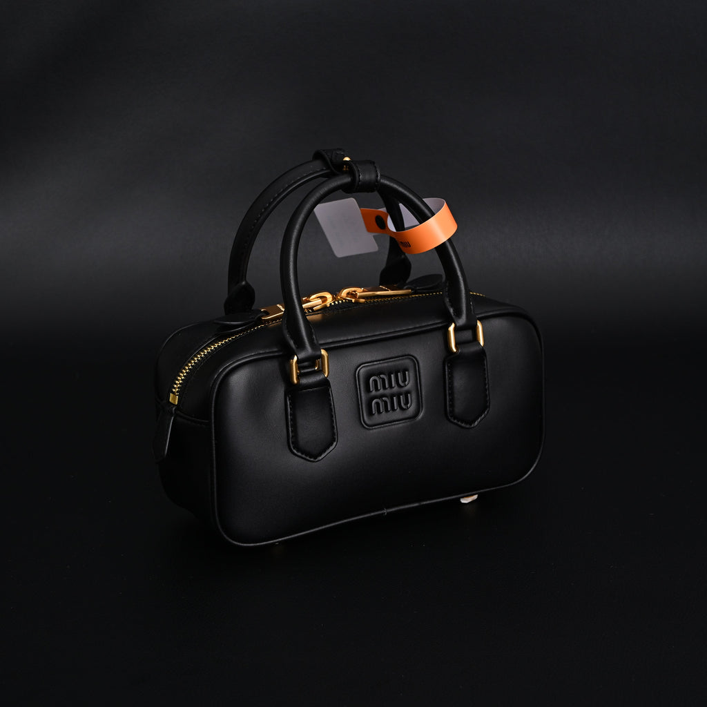 Miu Miu Black Matelassé Leather Satchel Bag – Mini Top Handle - Black with Gold-Tone Accents — view 9