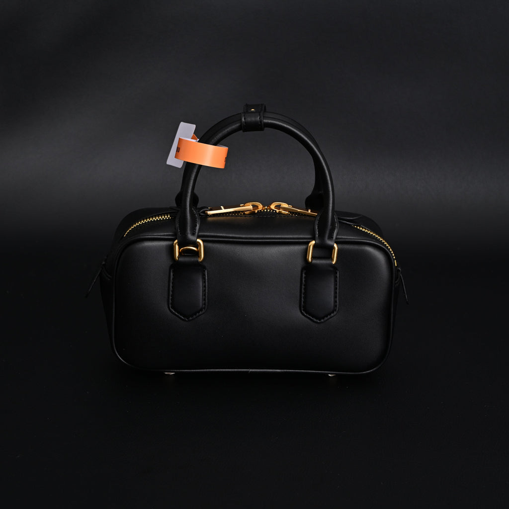Miu Miu Black Matelassé Leather Satchel Bag – Mini Top Handle - Black with Gold-Tone Accents — view 11
