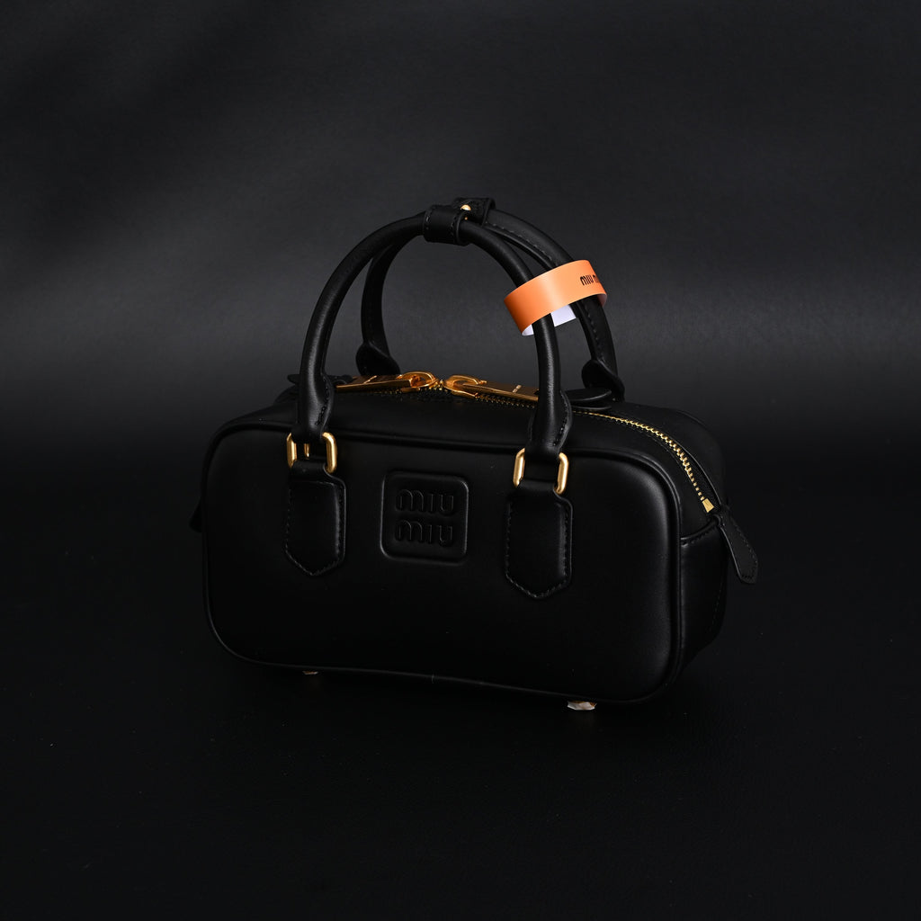 Miu Miu Black Matelassé Leather Satchel Bag – Mini Top Handle - Black with Gold-Tone Accents — view 12