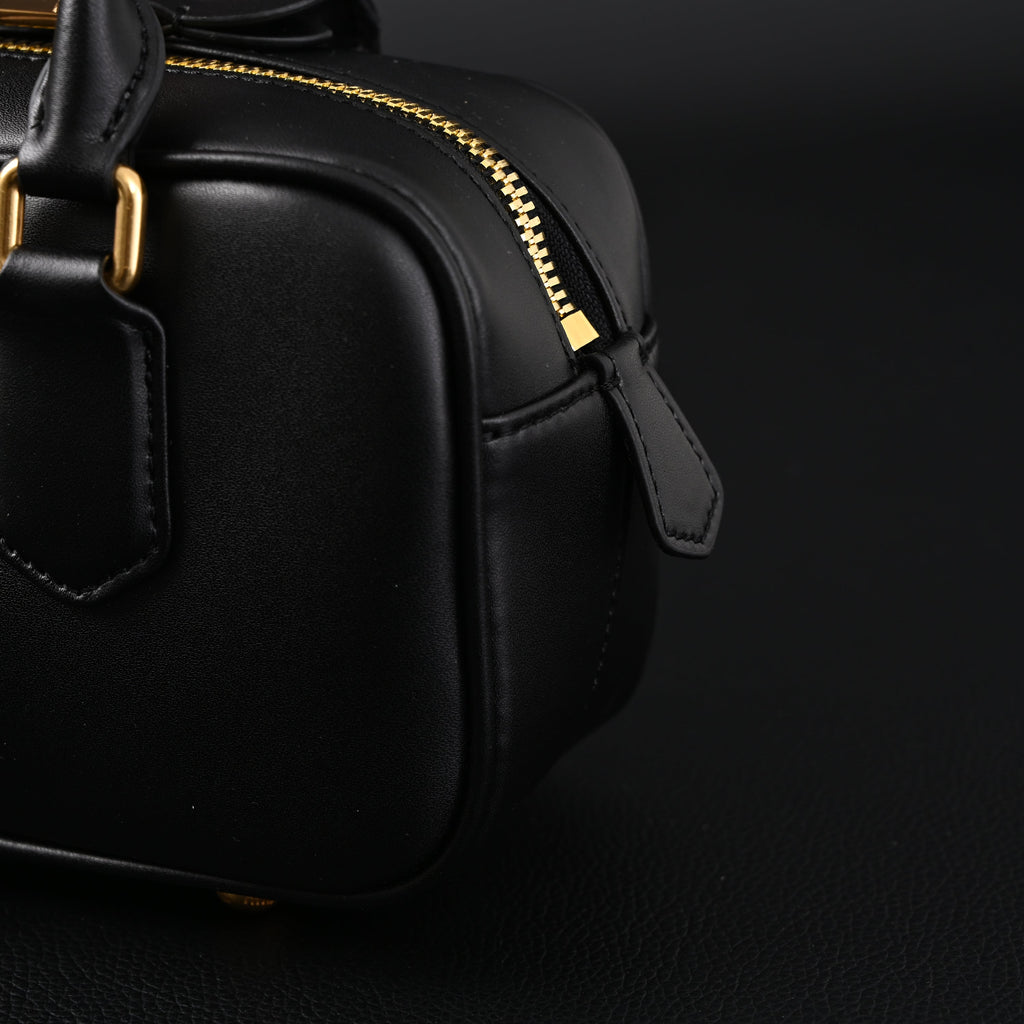 Miu Miu Black Matelassé Leather Satchel Bag – Mini Top Handle - Black with Gold-Tone Accents — view 15