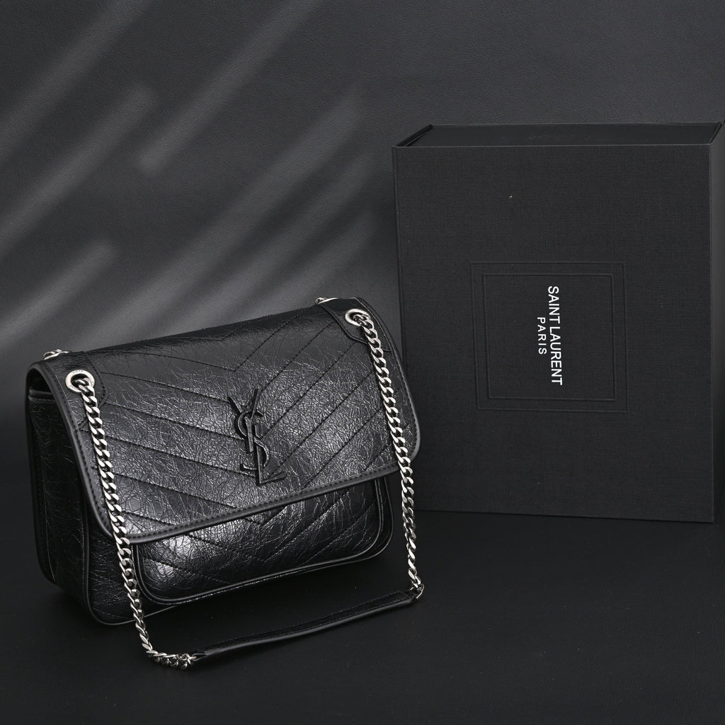 Saint Laurent Niki Medium Black Crinkled Leather Shoulder Bag — view 1