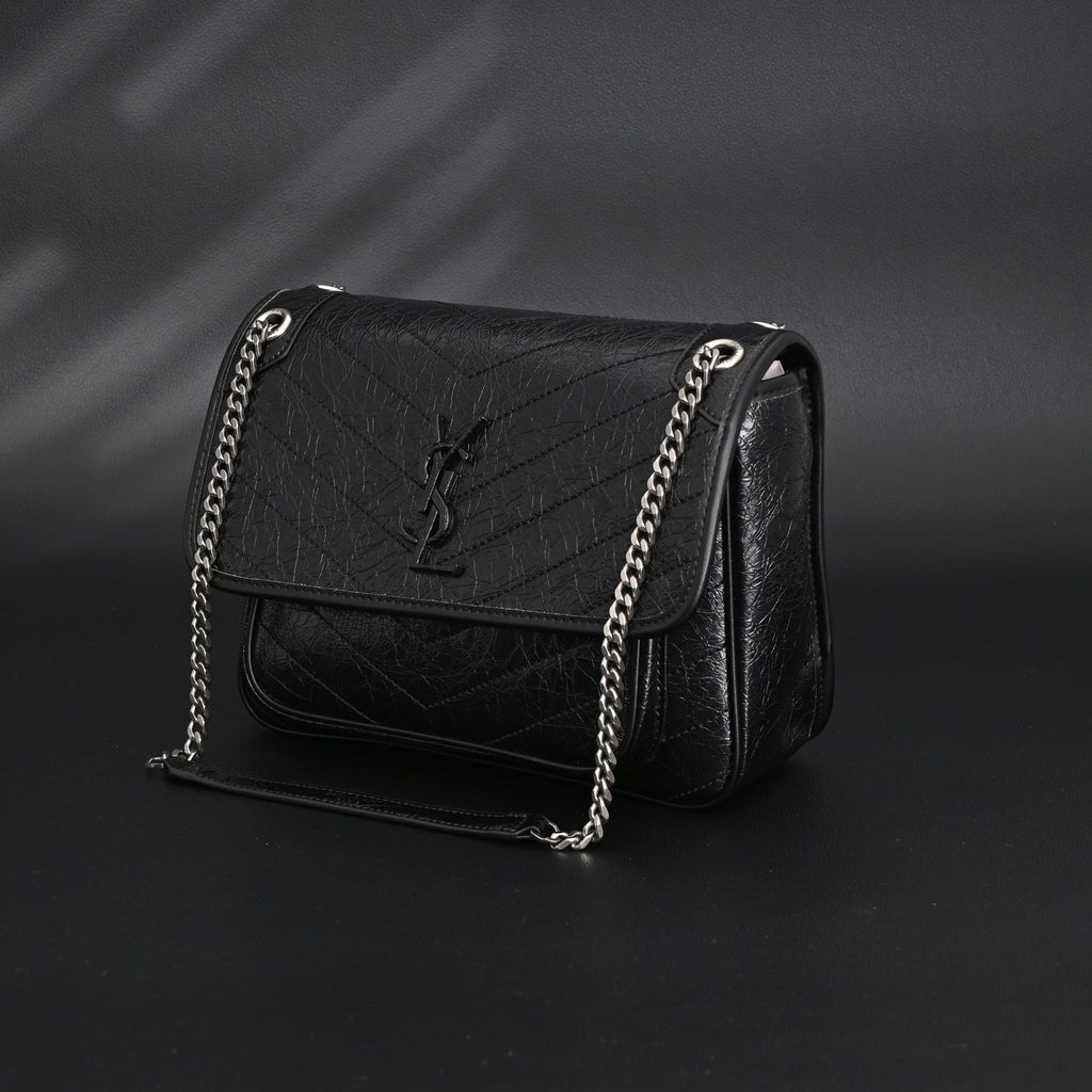 Saint Laurent Niki Medium Black Crinkled Leather Shoulder Bag — view 9