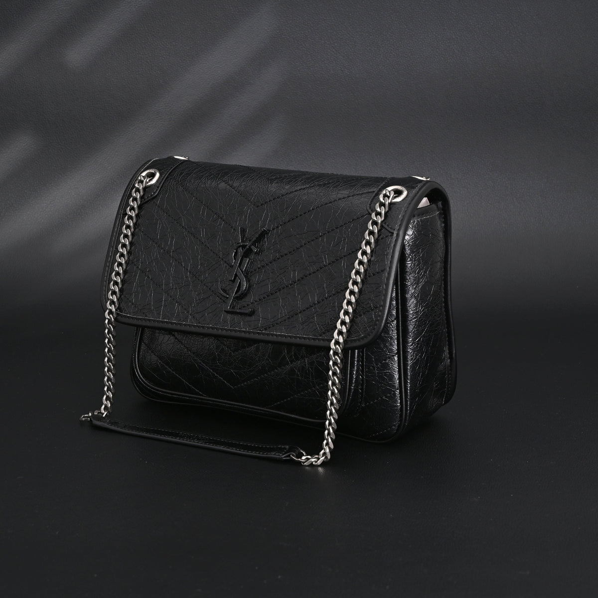 Saint Laurent Niki Medium Black Crinkled Leather Shoulder Bag — view 9