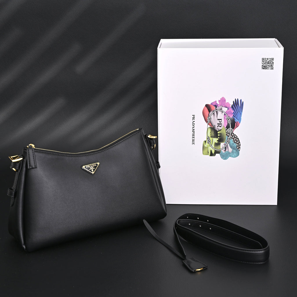 Prada Cleo Black Brushed Leather Shoulder Bag — view 1