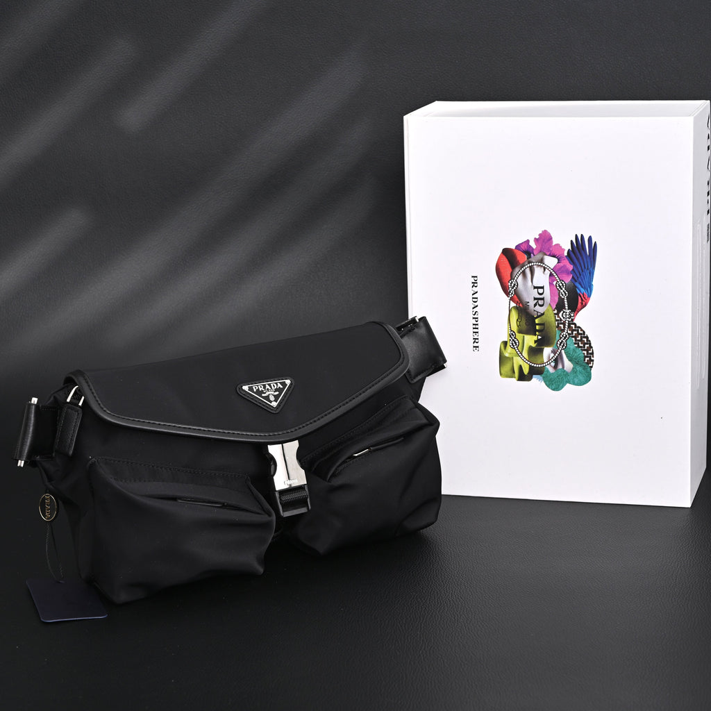 Prada Nylon Black Belt Bag with Silver Logo - Black with Silver-Tone Hardware — view 1