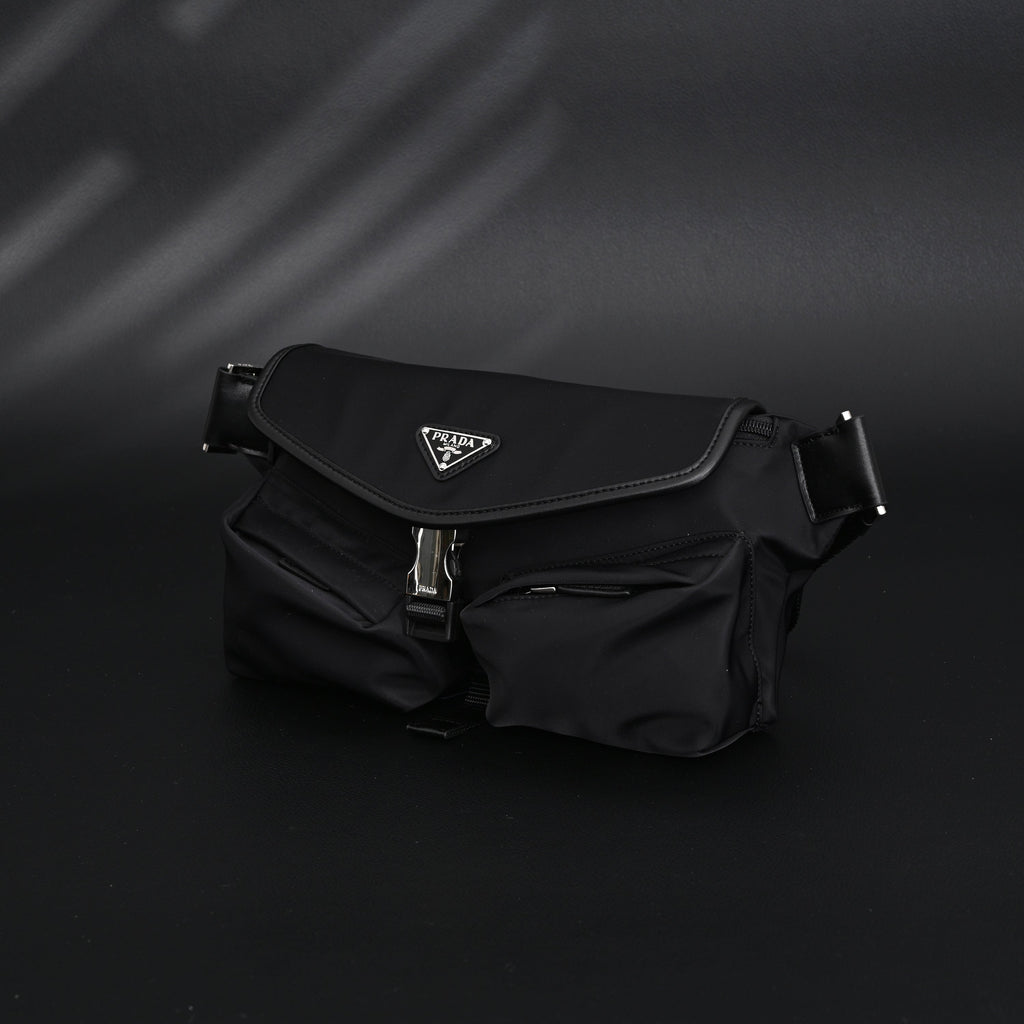 Prada Nylon Black Belt Bag with Silver Logo - Black with Silver-Tone Hardware — view 7