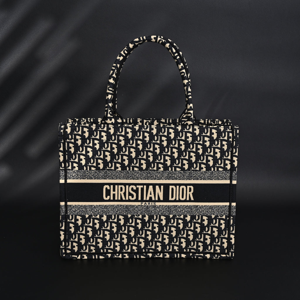 Christian Dior Medium Book Tote – Black Oblique Embroidery - Black with Beige Contrast — view 1