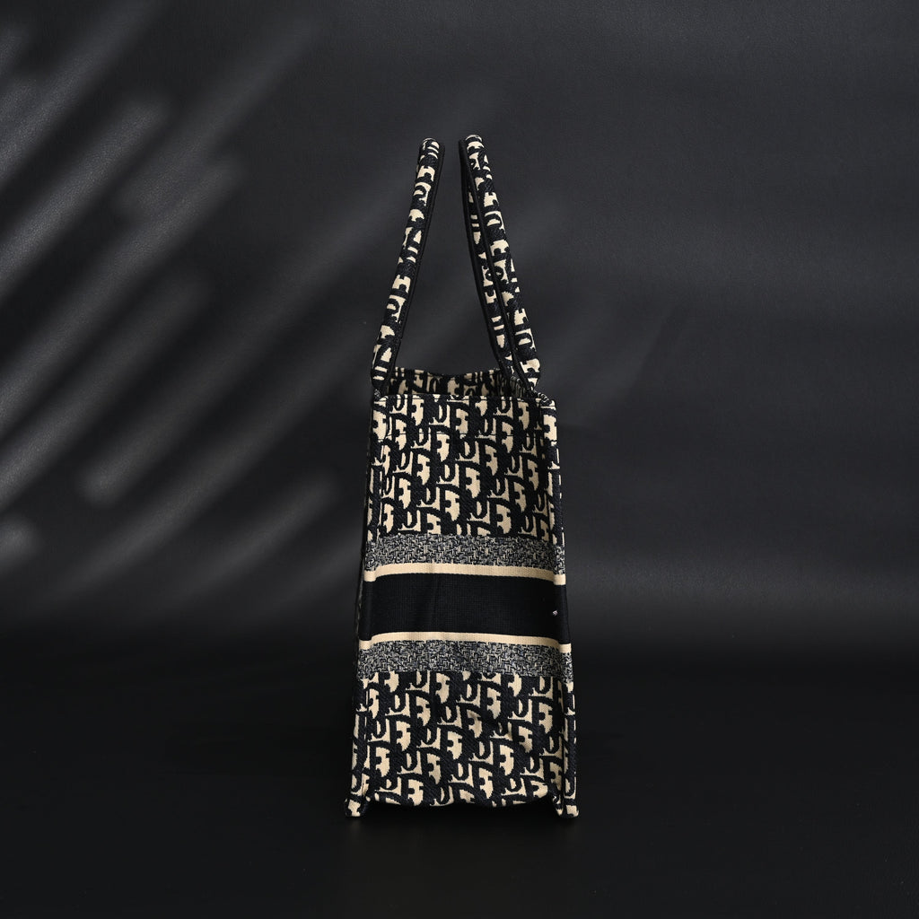 Christian Dior Medium Book Tote – Black Oblique Embroidery - Black with Beige Contrast — view 3