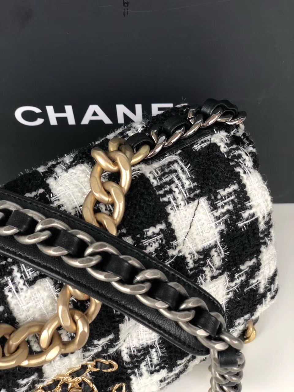 Chanel 19 Black and White Wool Tweed Small Flap Bag — view 8