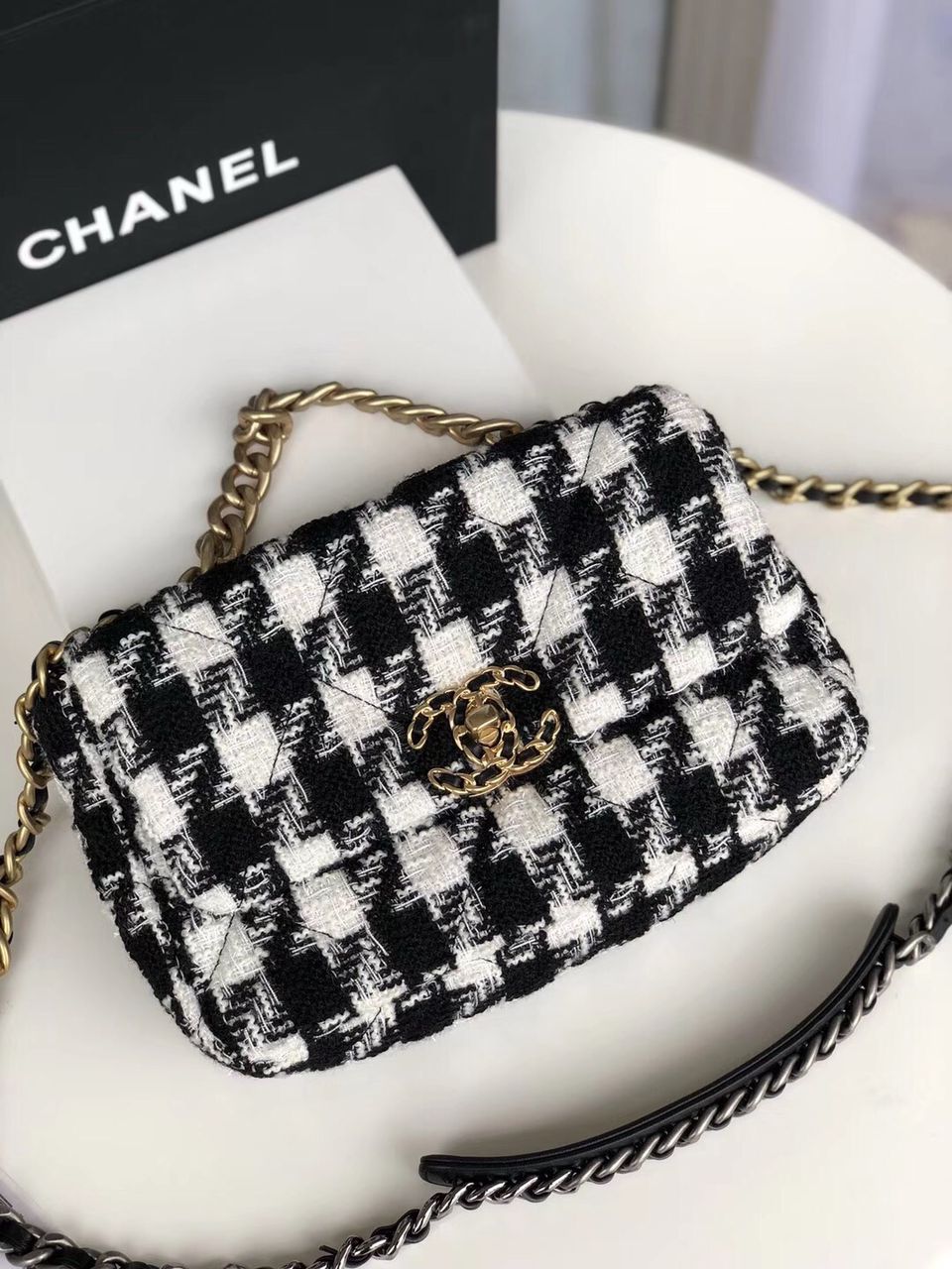 Chanel 19 Black and White Wool Tweed Small Flap Bag — view 1