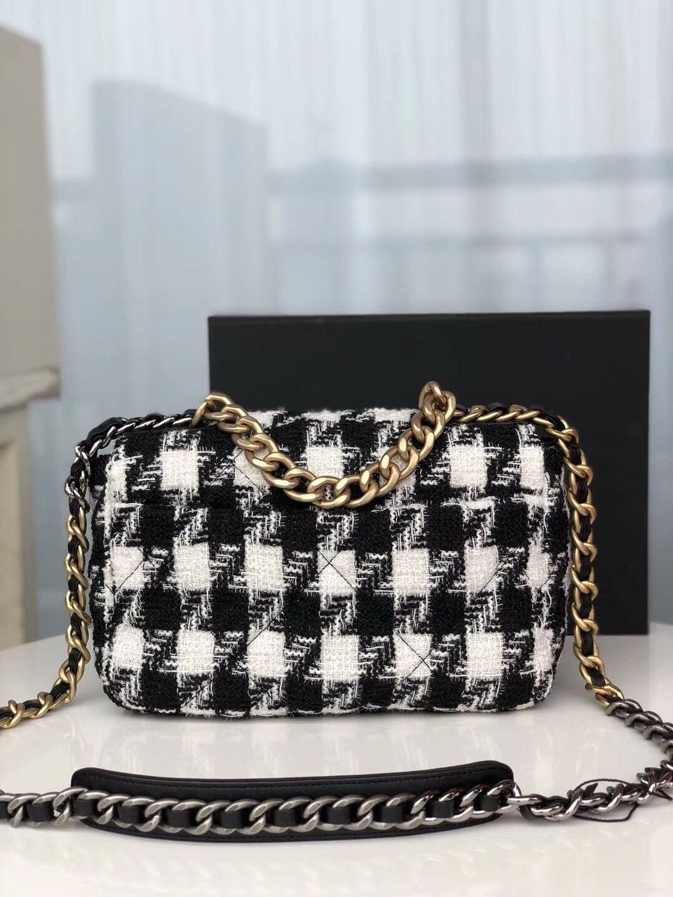 Chanel 19 Black and White Wool Tweed Small Flap Bag — view 2