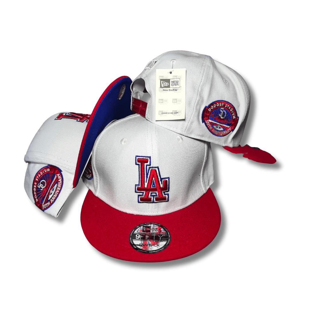Los Angeles Dodgers White and Red with Anniversary Patches - Snapback Cap — view 1
