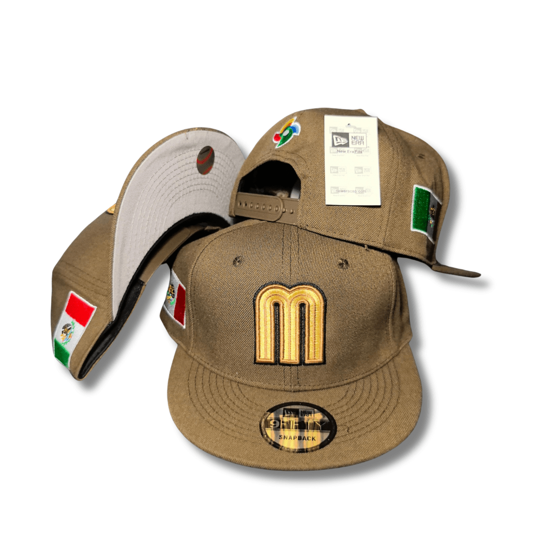 Mexico Baseball Brown with Gold Embroidered Logo and Flag Patches – Snapback Cap — view 1