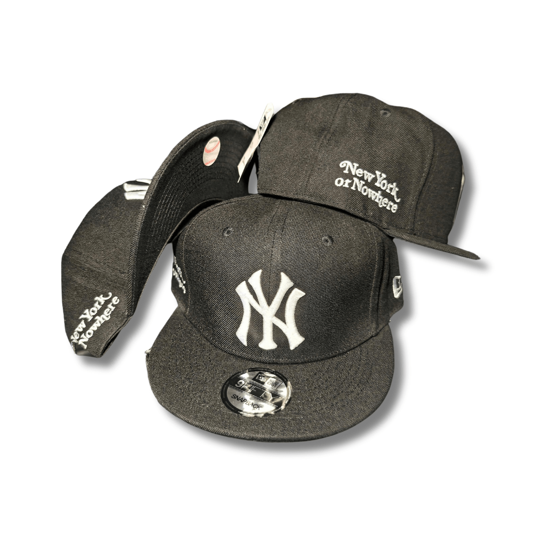 New York Yankees with White Embroidered Logo and “New York or Nowhere” Script Black – Snapback Cap — view 1