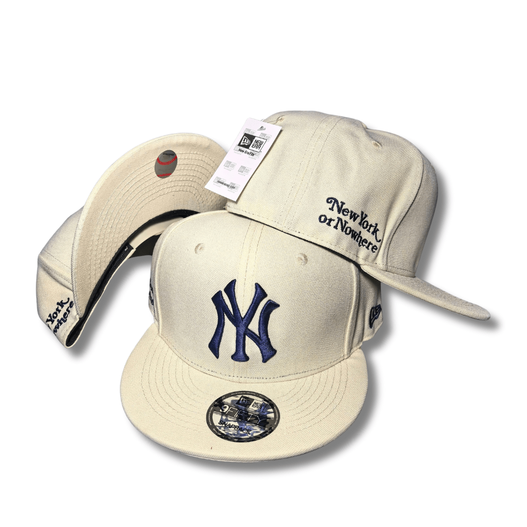 New York Yankees with Navy Embroidered Logo and “New York or Nowhere” Script Cream – Snapback Cap — view 1