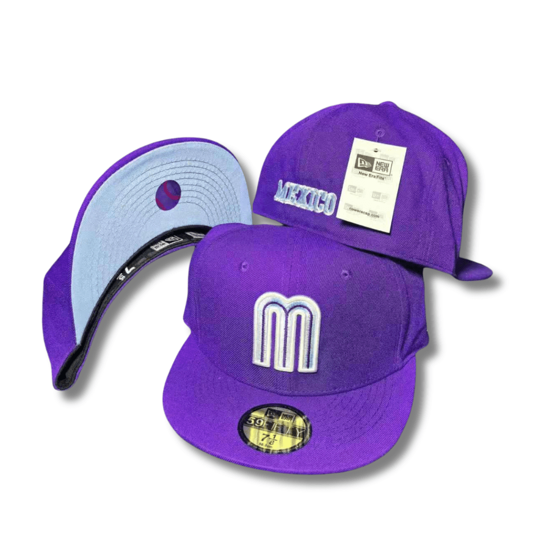 Team Mexico with Iridescent Purple Logo and Sky Blue Underbrim Purple – Fitted Cap — view 1