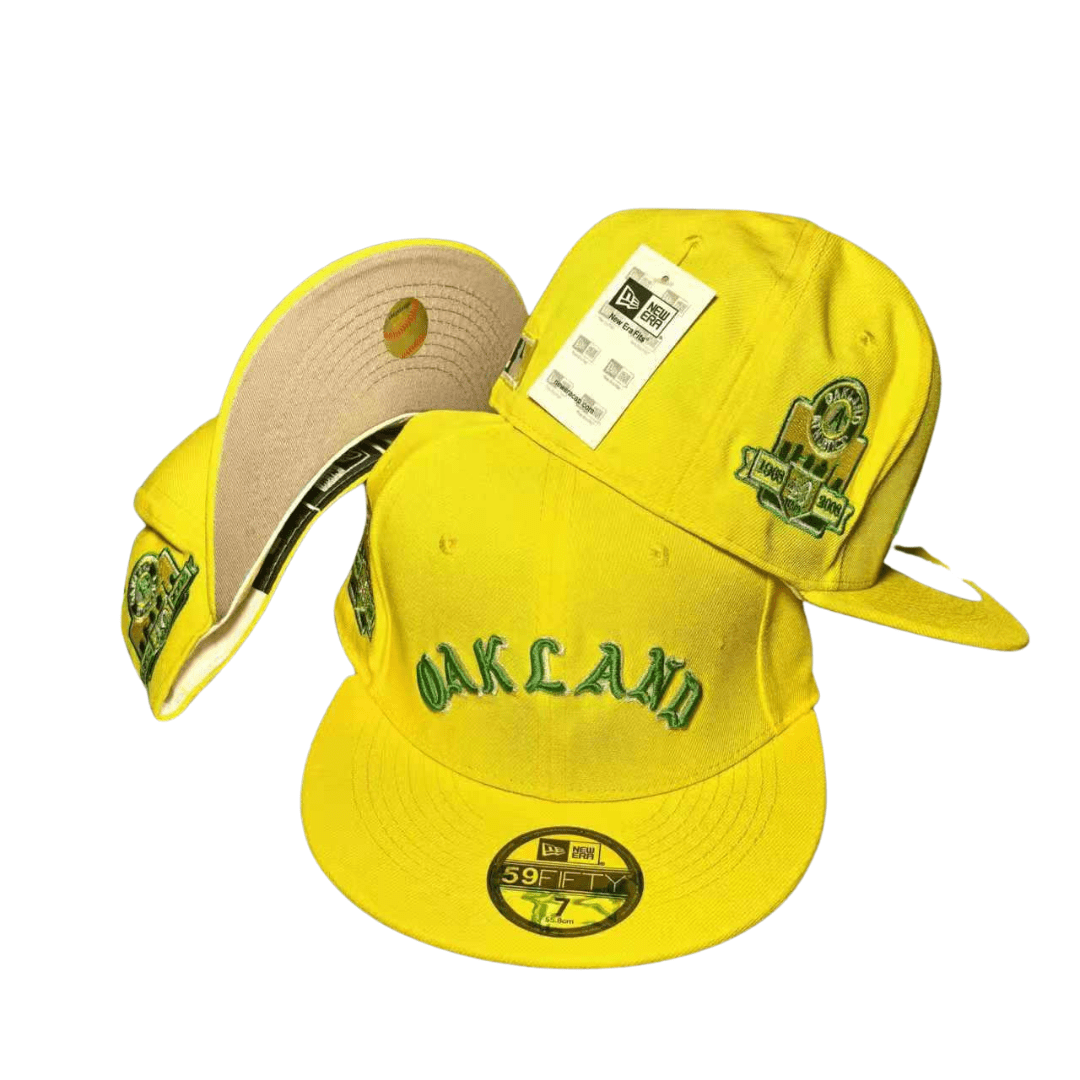 Oakland Athletics with Anniversary Patch and Embroidered Script Yellow – Fitted Cap — view 1