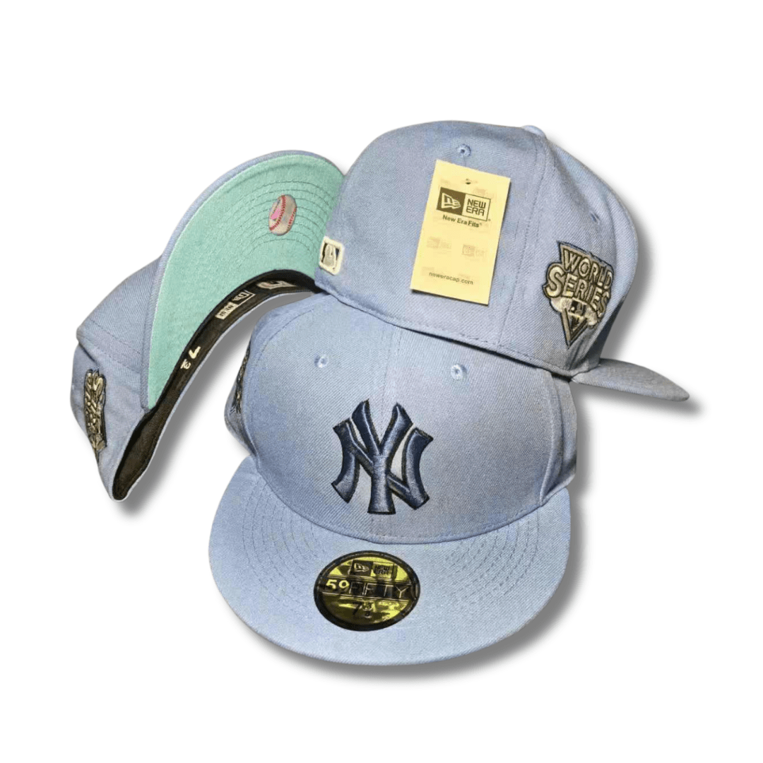 New York Yankees with World Series Patch and Mint Underbrim Light Blue – Fitted Cap — view 1