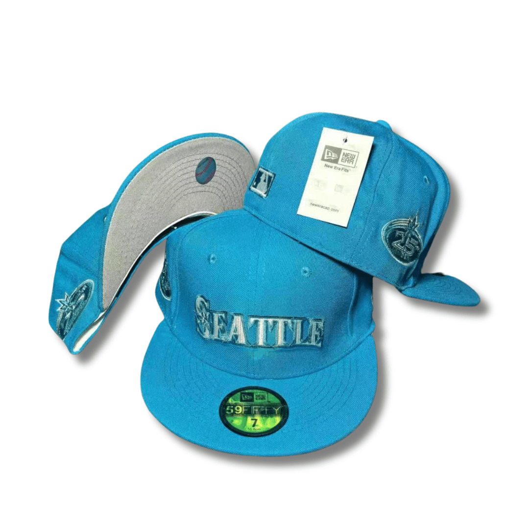 Seattle with Embroidered Script and Side Patch Teal – Fitted Cap — view 1