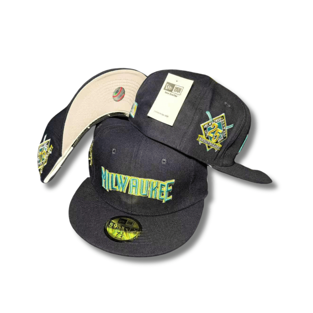 Milwaukee Fitted Hat with Embroidered Script and Commemorative Patch Black – Fitted Cap — view 1