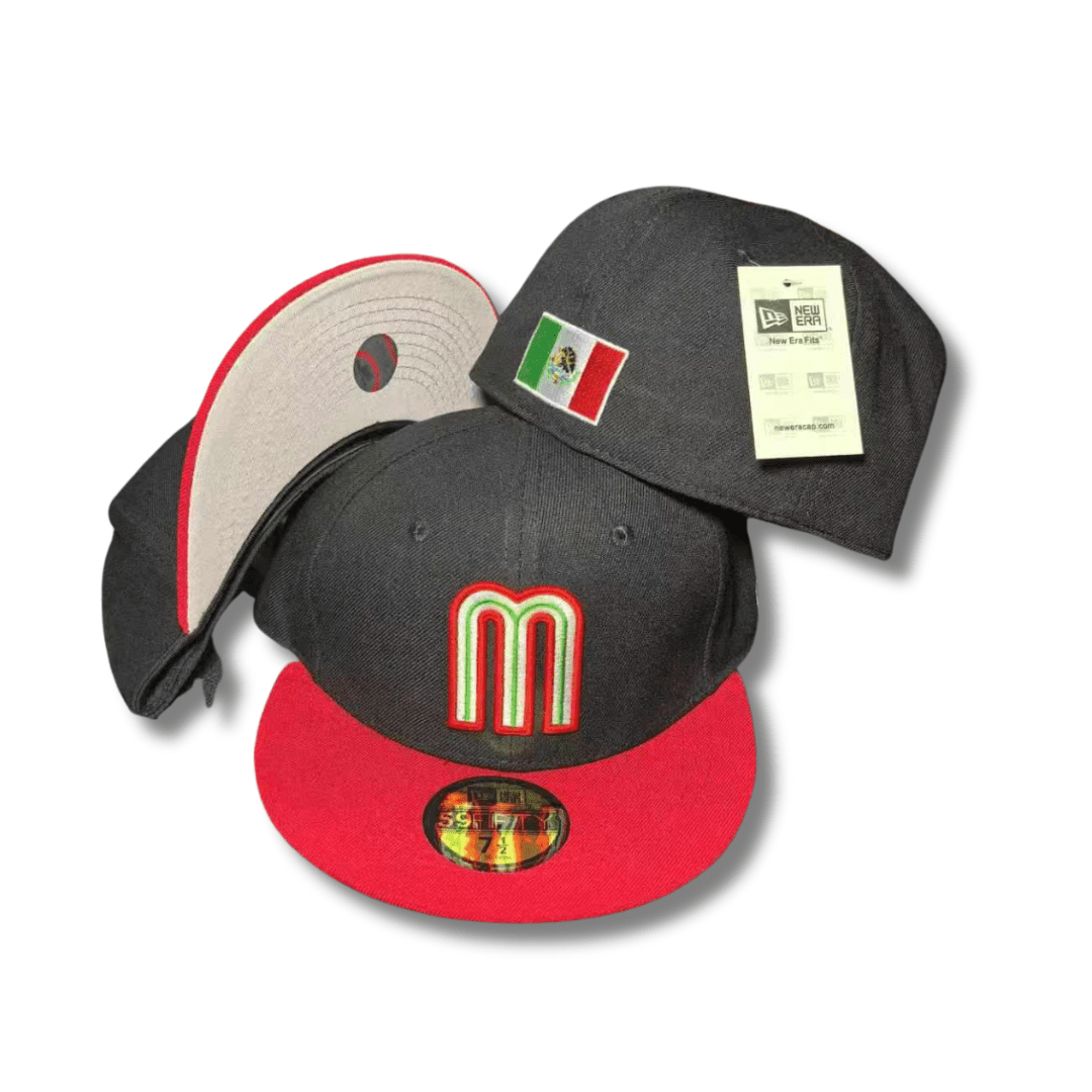 Team Mexico with Embroidered Logo and Red Brim Black – Fitted Cap — view 1