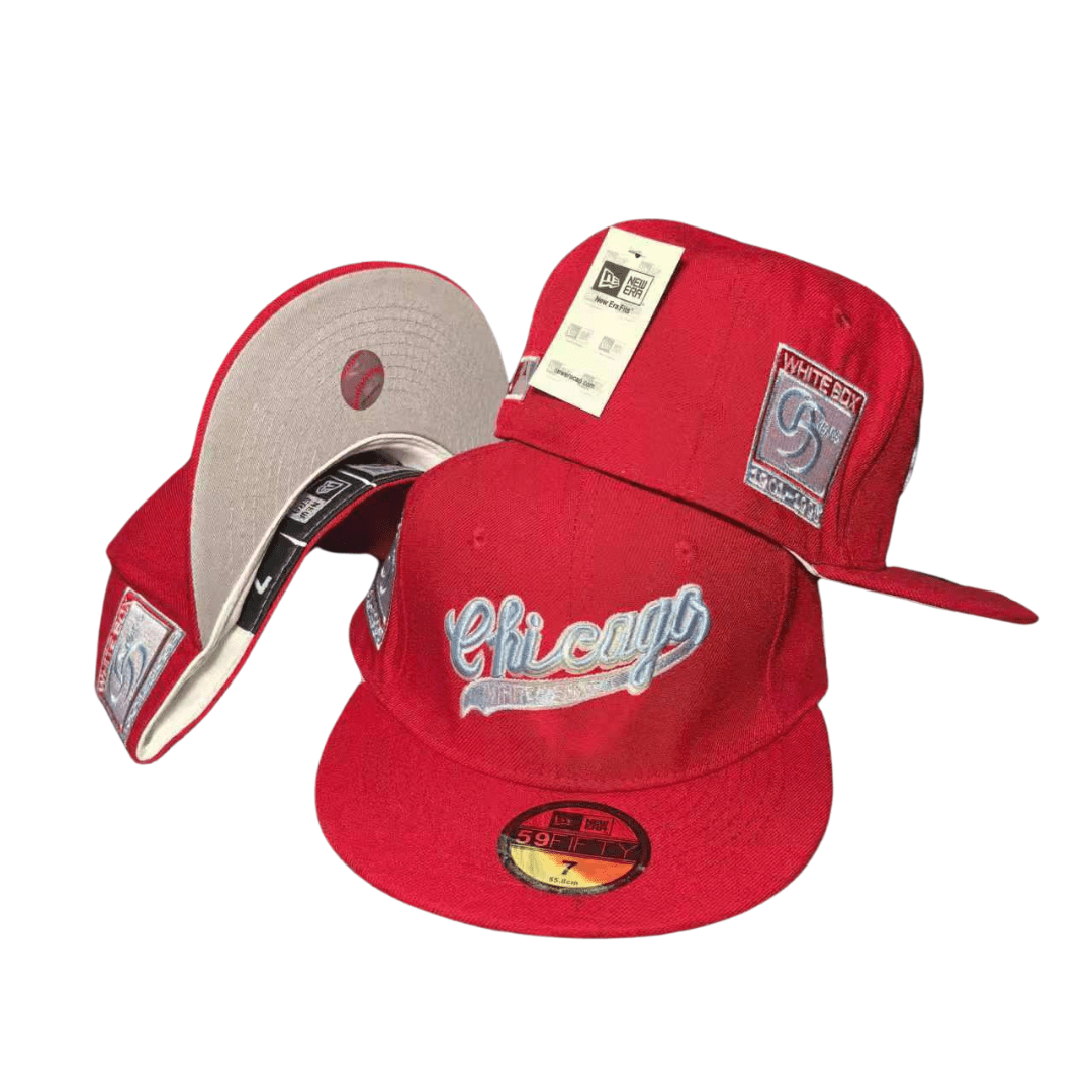 Chicago White Sox MLB Hat with Iridescent Script Logo and Red Crown - Fitted Cap — view 1