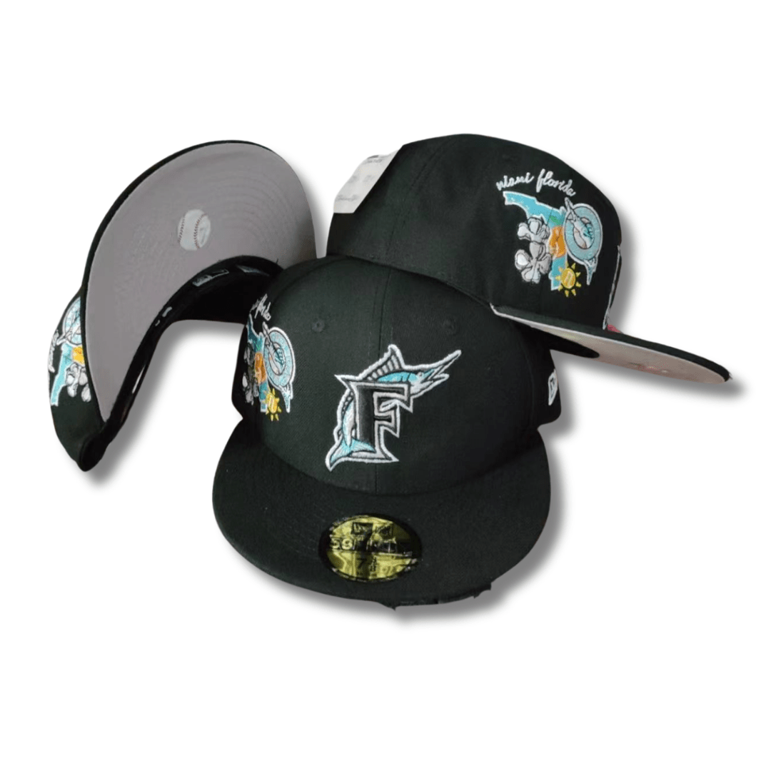 Miami Marlins 59FIFTY with Embroidered Florida Design Black – Fitted Cap — view 1