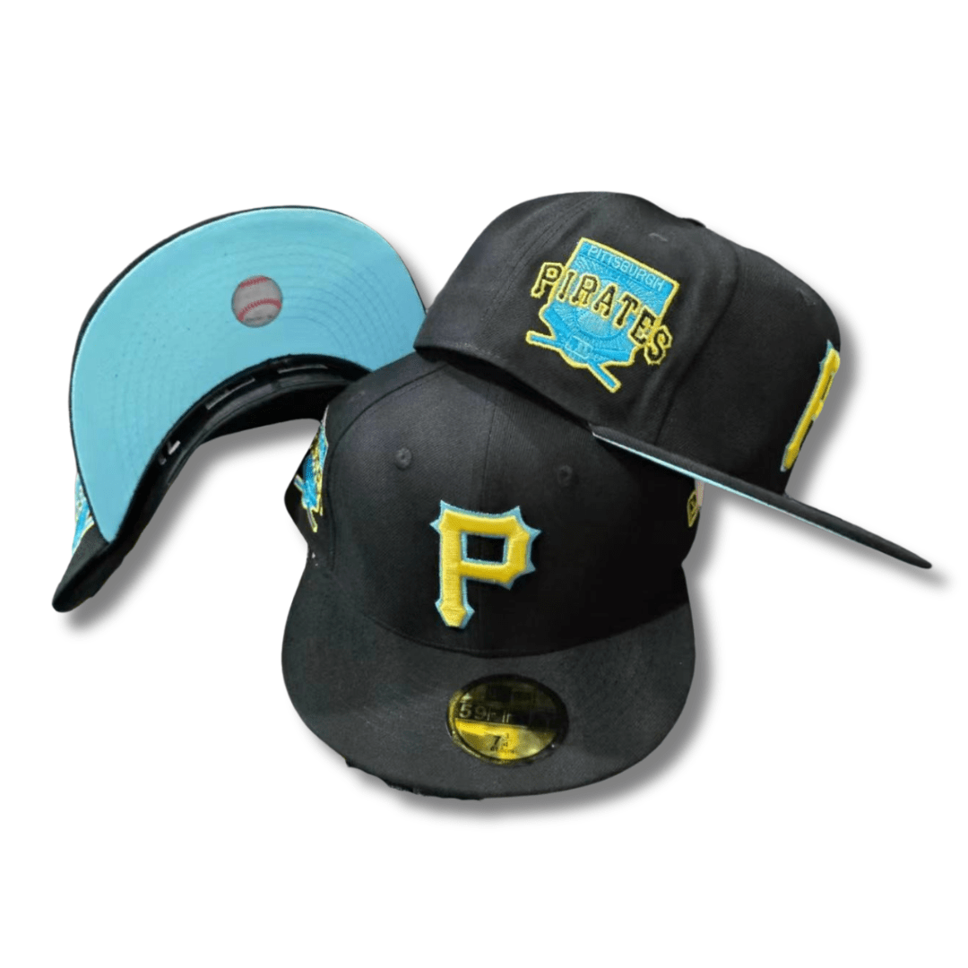 Pittsburgh Pirates with Yellow Logo and Sky Blue Undervisor Black – Fitted Cap — view 1