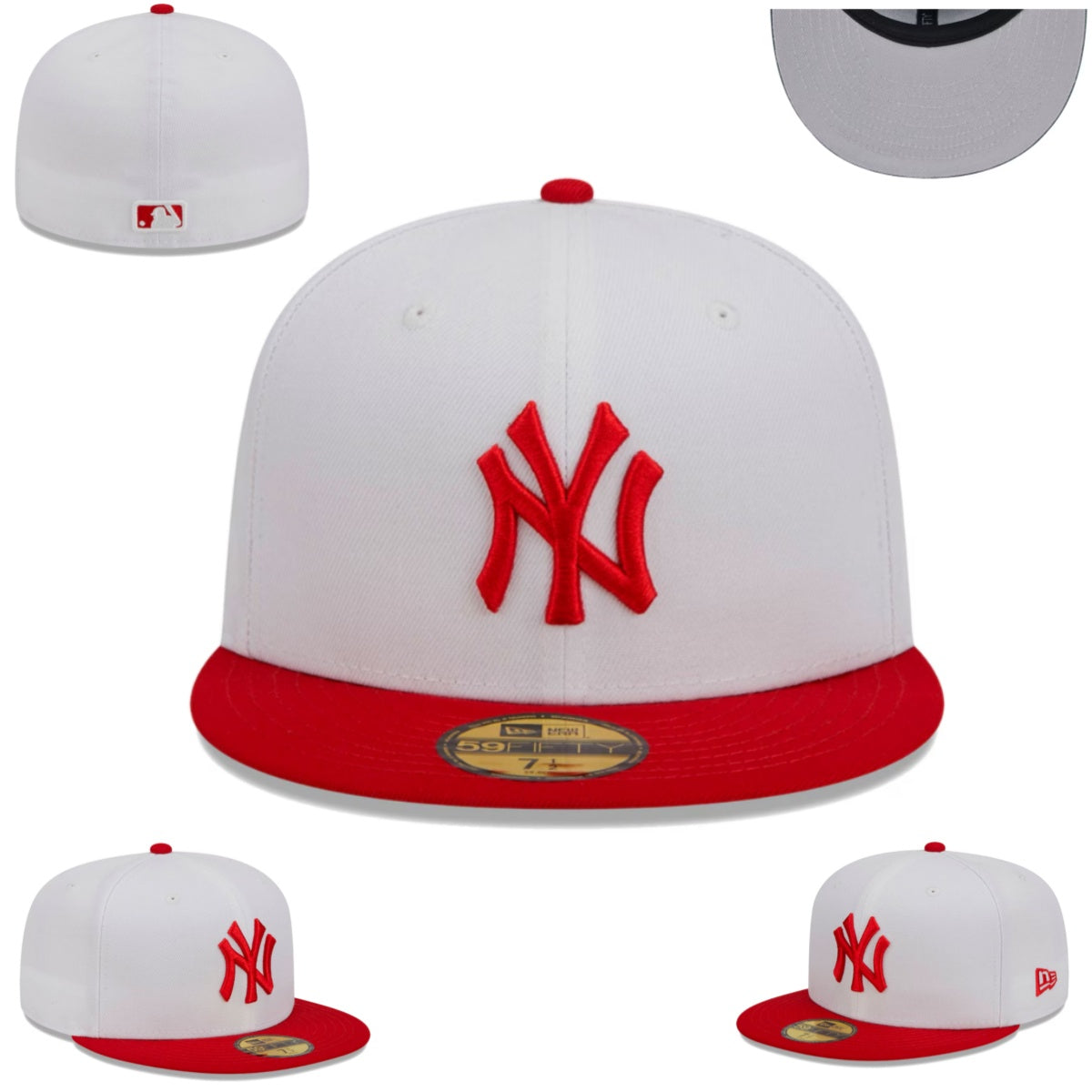 New York Yankees White and Red Fitted Hat with Embroidered Logo — view 1