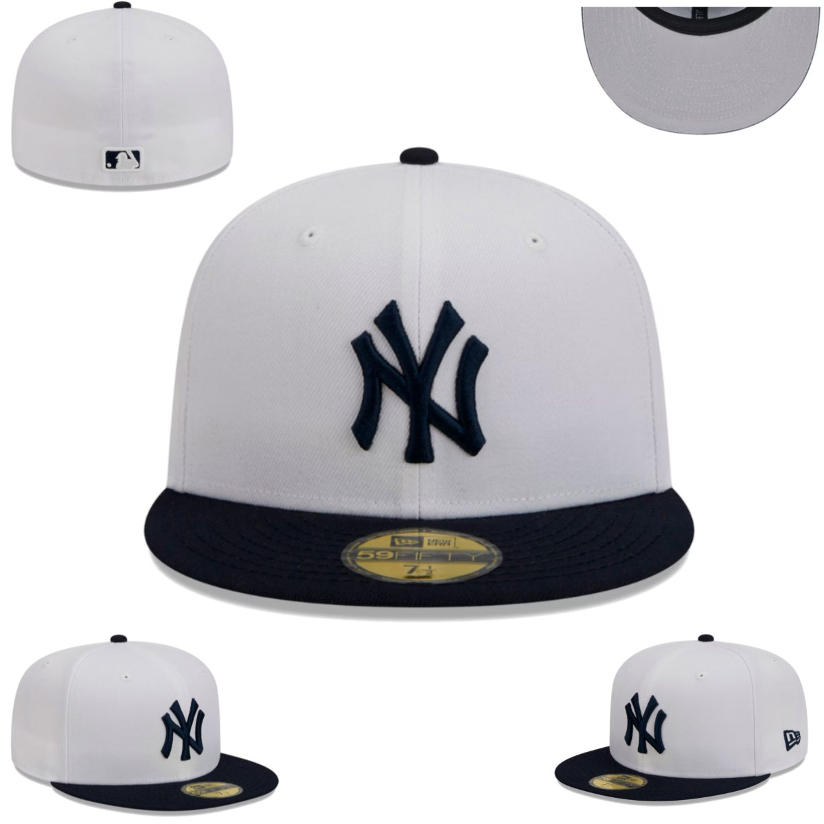 New York Yankees White and Navy Blue Fitted Hat with Embroidered Logo — view 1