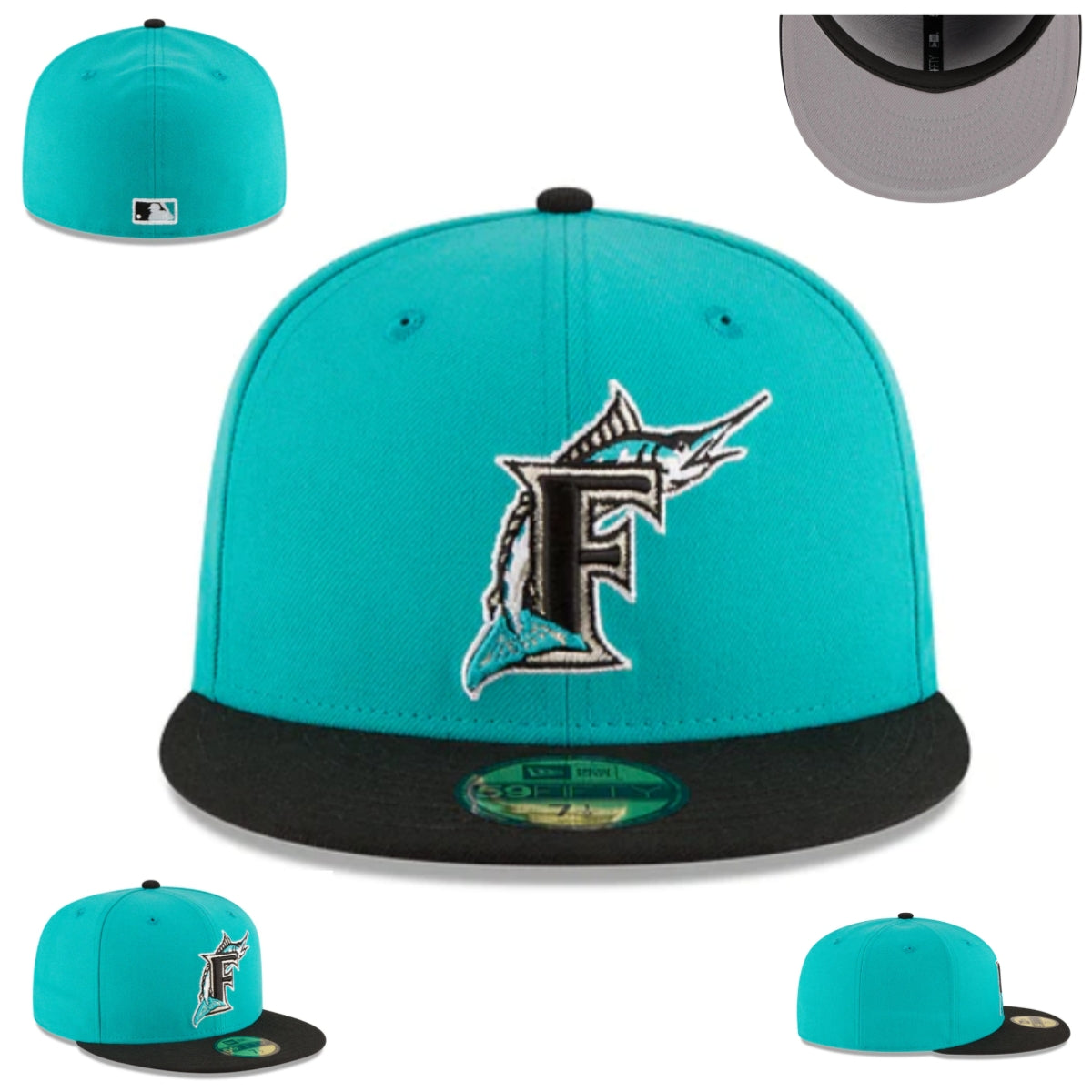Florida Marlins Teal and Black Fitted Hat with Embroidered Logo — view 1
