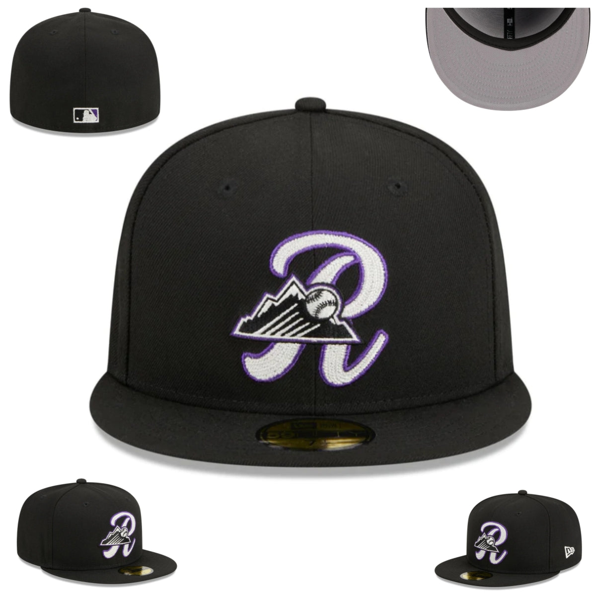 Colorado Rockies Black Fitted Hat with Purple and White Embroidered Logo — view 1