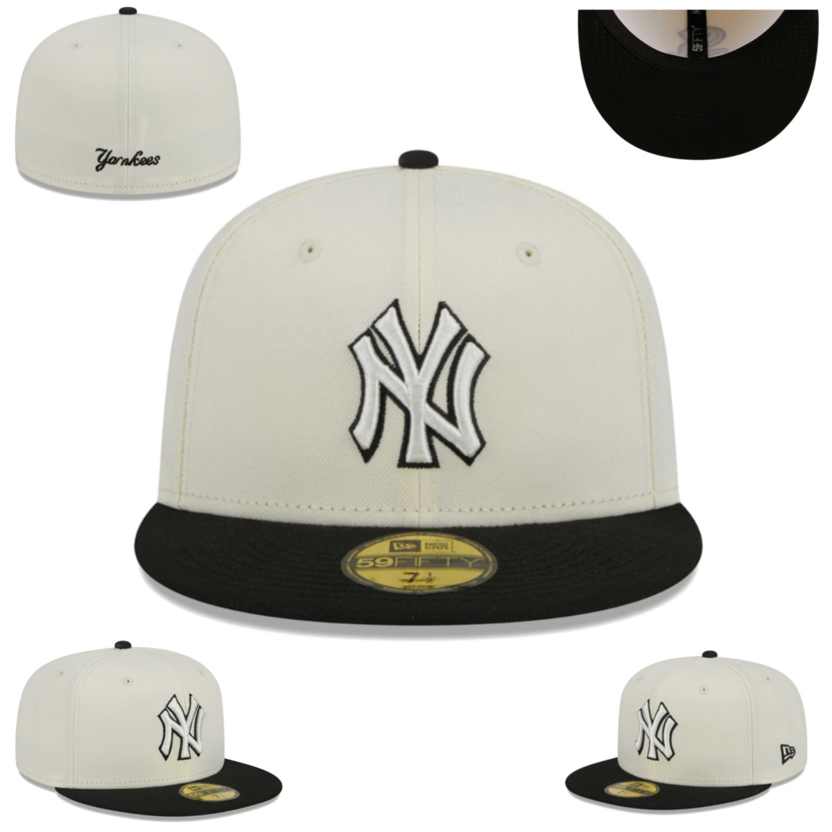 New York Yankees White and Black Fitted Hat with Embroidered Logo — view 1
