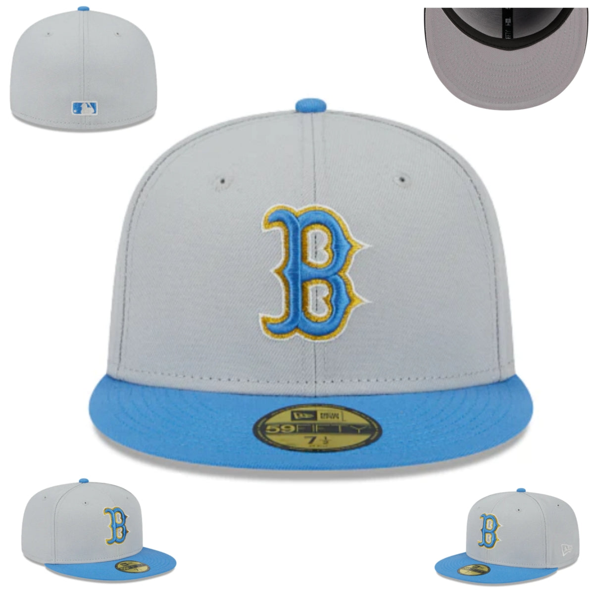 Boston Red Sox Light Gray and Blue Fitted Hat with Gold and Blue Embroidered Logo — view 1