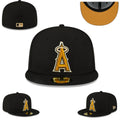 Los Angeles Angels Fitted Hat – Black with Gold Logo and Orange Undervisor — view 1