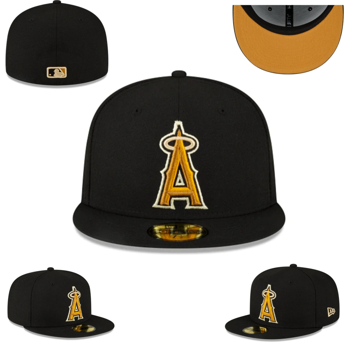 Los Angeles Angels Fitted Hat – Black with Gold Logo and Orange Undervisor — view 1