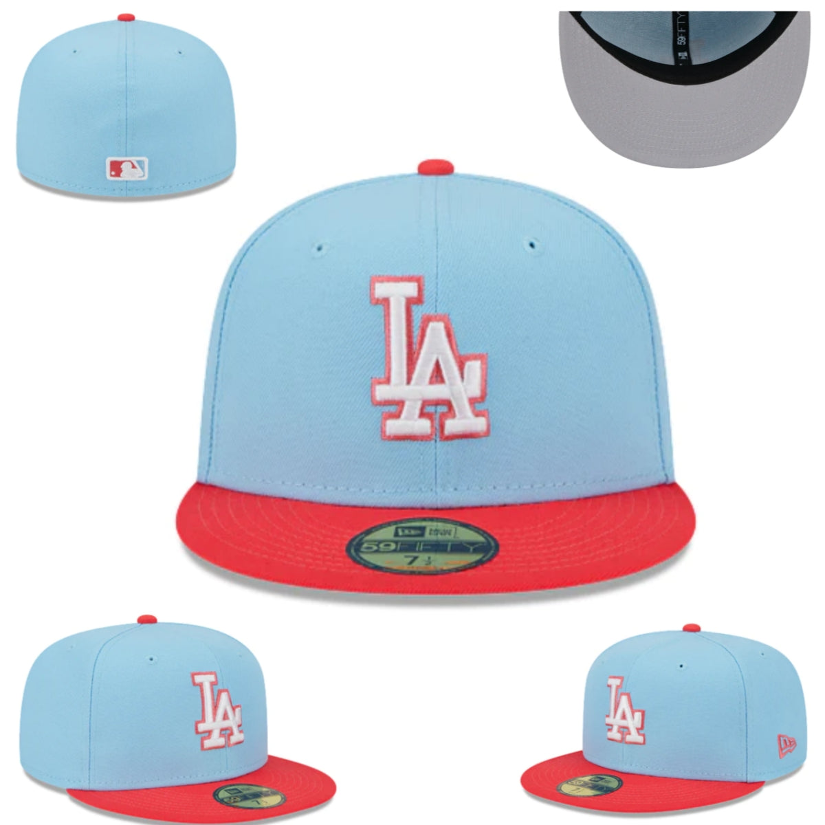 Los Angeles Dodgers Fitted Hat – Sky Blue with Red Brim and White Logo — view 1