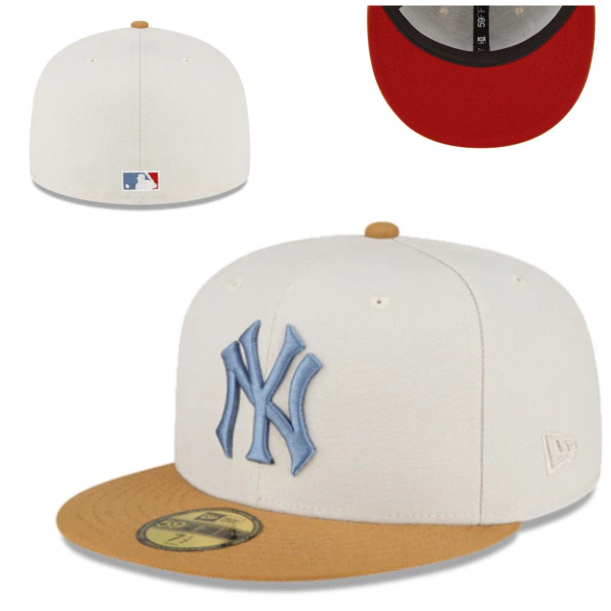 New York Yankees Fitted Hat – Cream with Tan Brim, Blue Logo, and Red Undervisor — view 1
