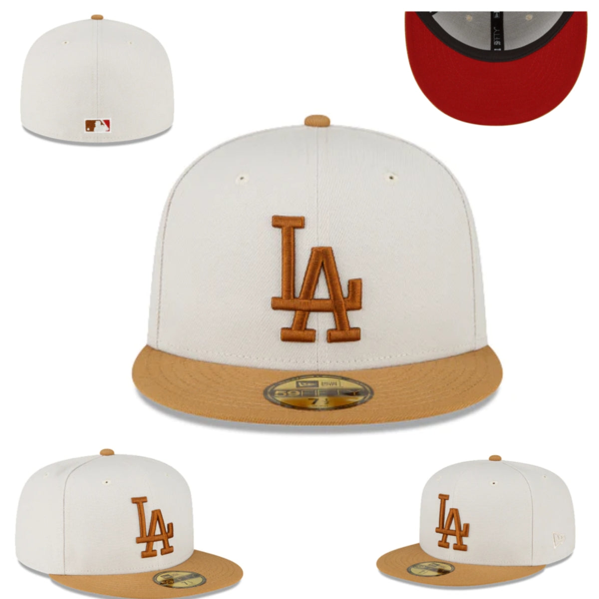 Los Angeles Dodgers Fitted Hat – Cream with Tan Brim, Brown Logo, and Red Undervisor — view 1