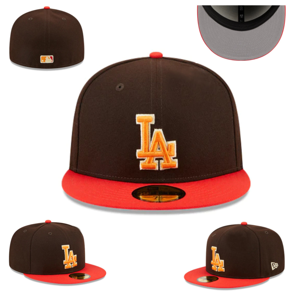 Los Angeles Dodgers Fitted Hat – Brown with Red Brim and Orange Logo — view 1
