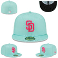 San Diego Padres Fitted Hat – Aqua with Pink Logo and Black Undervisor — view 1