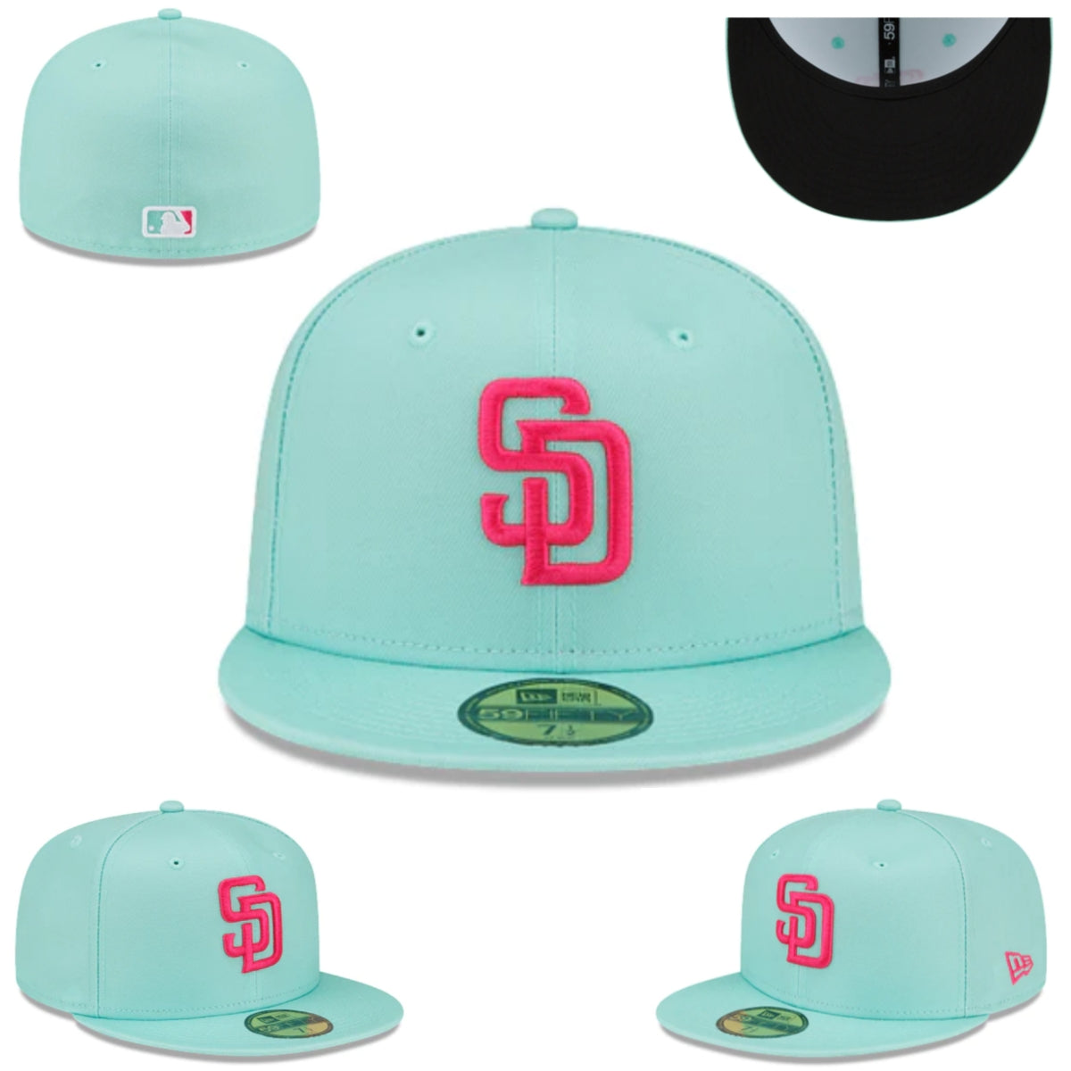San Diego Padres Fitted Hat – Aqua with Pink Logo and Black Undervisor — view 1