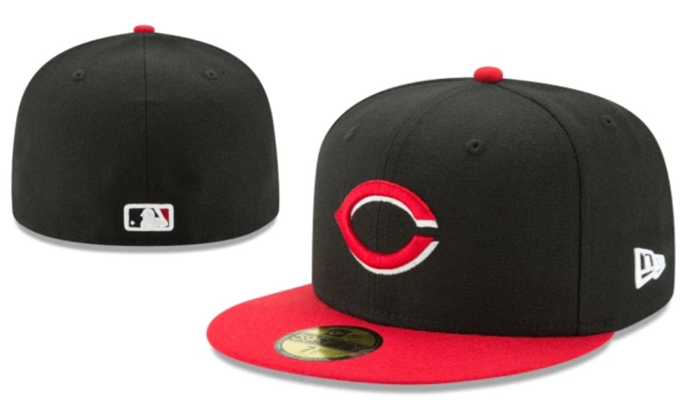Cincinnati Reds Official Fitted Hat with Red Visor – Black and Red — view 1