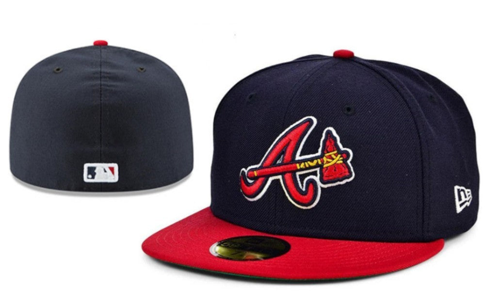 Atlanta Braves Navy Blue and Red Fitted Cap with Embroidered Logo — view 1