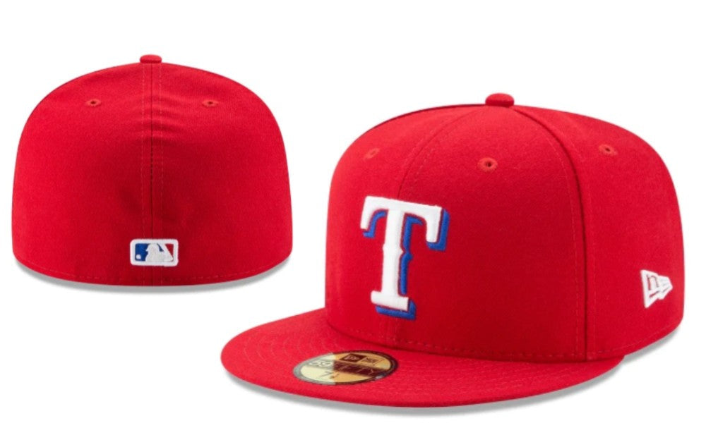 Texas Rangers Red New Era Fitted Hat with White and Blue Logo — view 1