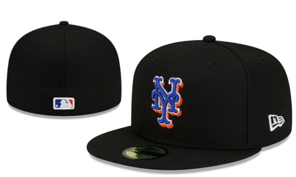 New York Mets Black New Era Fitted Hat with Blue and Orange Logo — view 1