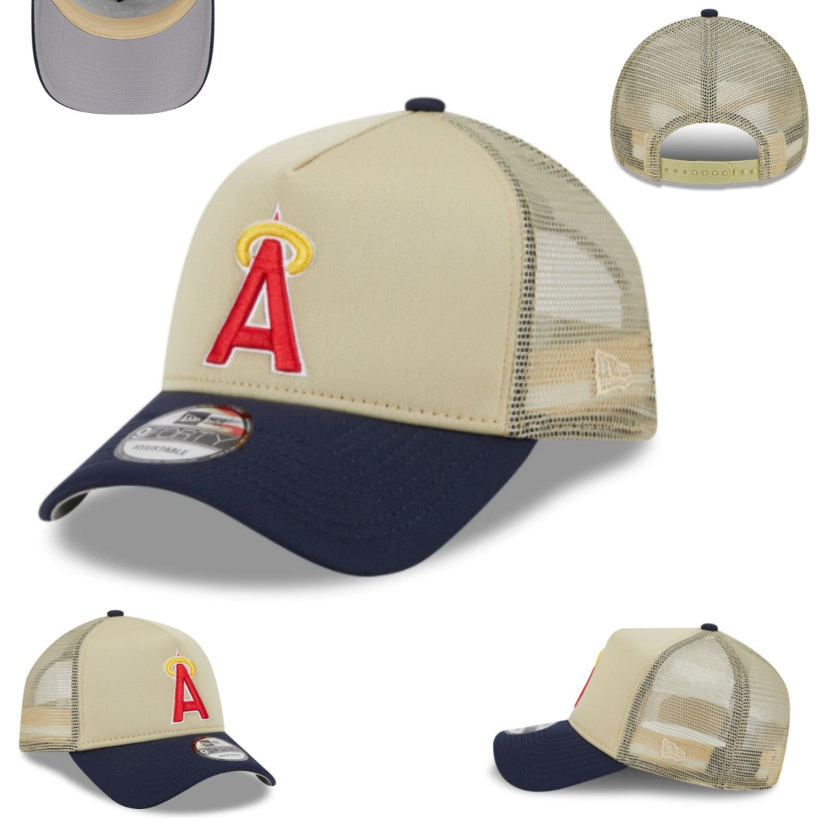 Beige and Navy Snapback Cap with Embroidered Logo and Mesh Back — view 1
