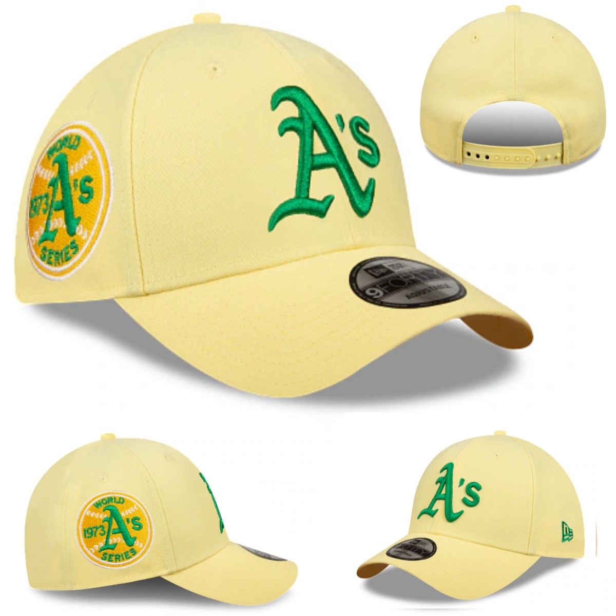 Yellow Snapback Cap with Green Embroidery and 1973 World Series Patch — view 1