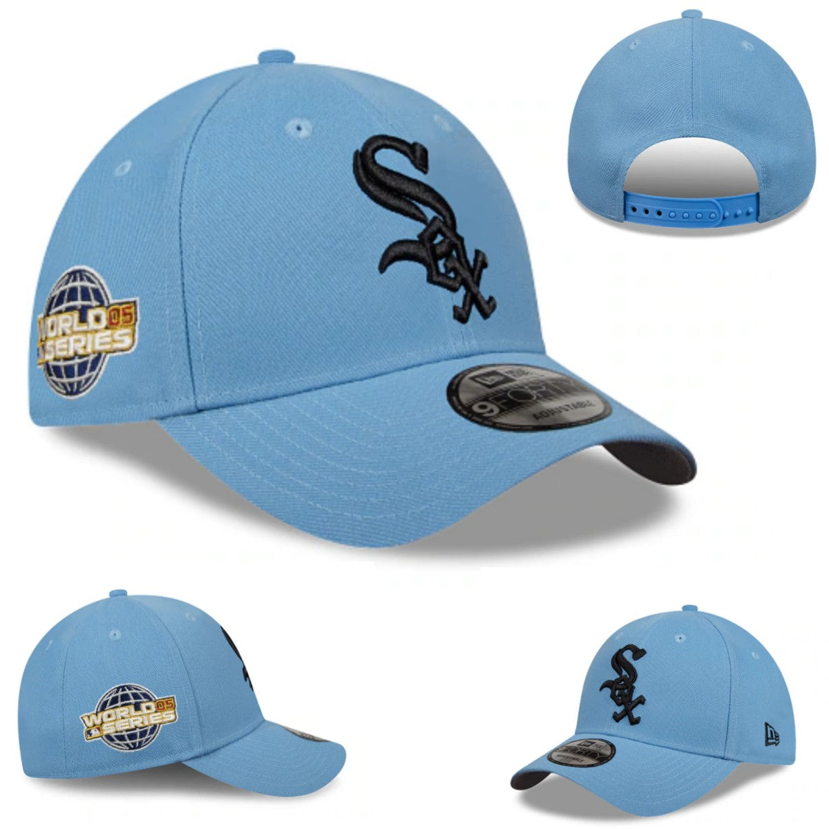 Light Blue Snapback Cap with Black White Sox Logo and World Series Patch — view 1